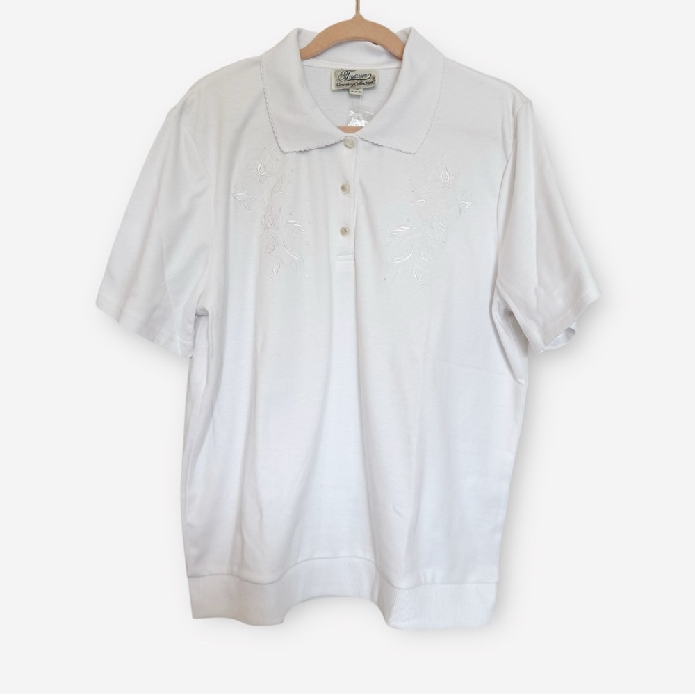 Vintage Tradition White Floral Embroidered Polo Shirt Size L NWOT